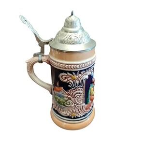 Vintage German Beer Stein Lidded Relief Ceramic Pewter Lid Made in‎ Germany DBGM